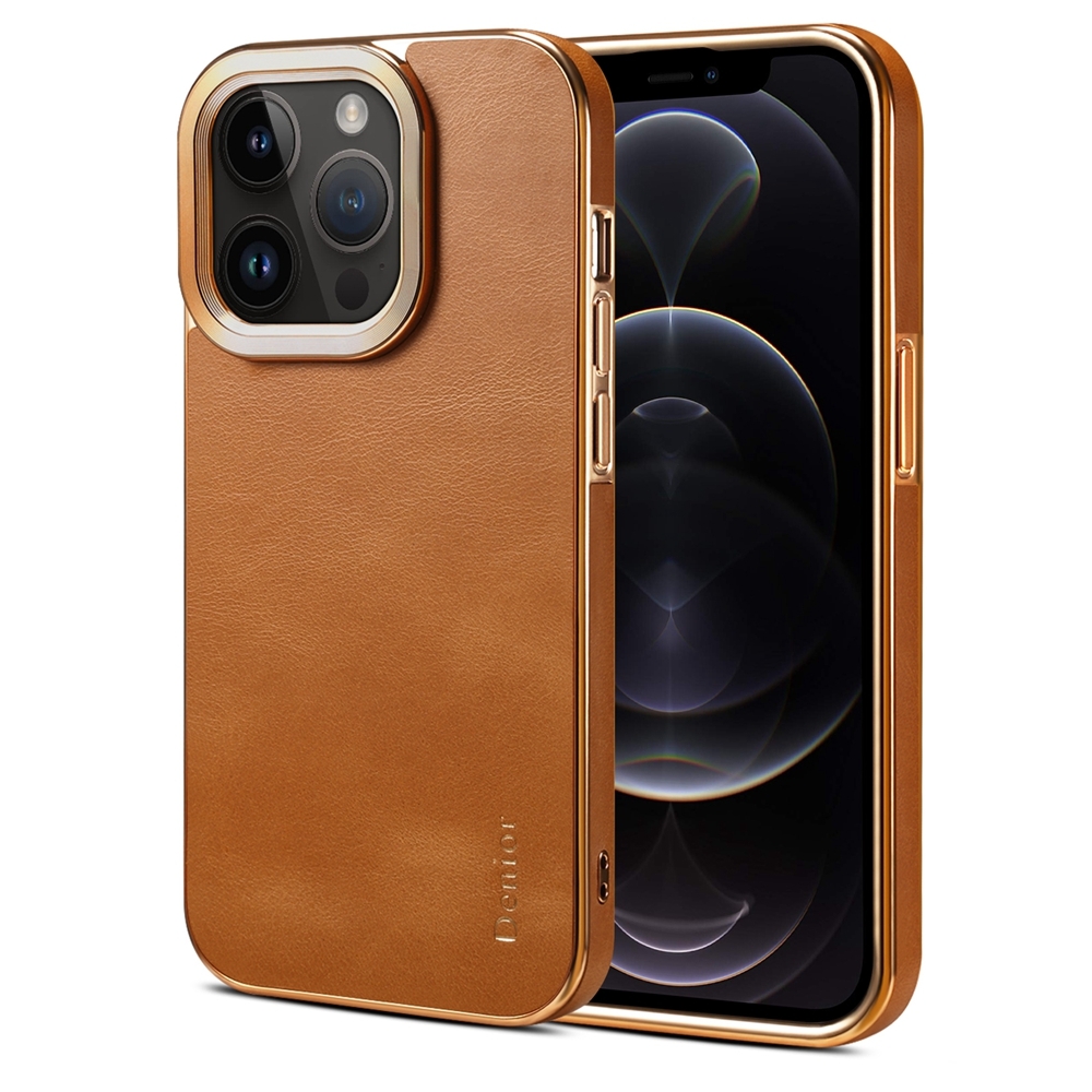 For iPhone 12 Pro Max Denior Cowhide Leather Plating Phone Case(Khaki) - Shopkiz.com