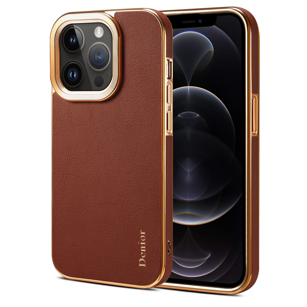 For iPhone 12 Pro Max Denior Cowhide Leather Plating Phone Case(Brown) - Shopkiz.com