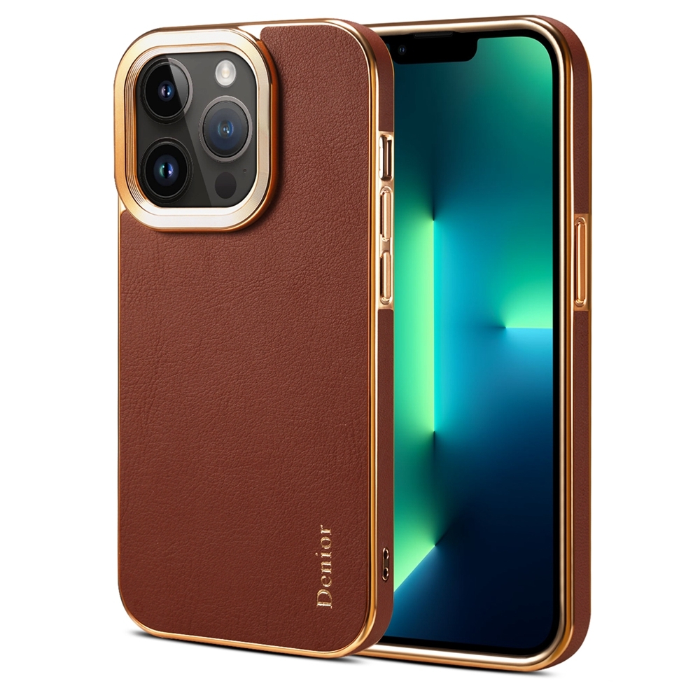 For iPhone 13 Pro Denior Cowhide Leather Plating Phone Case(Brown) - Shopkiz.com