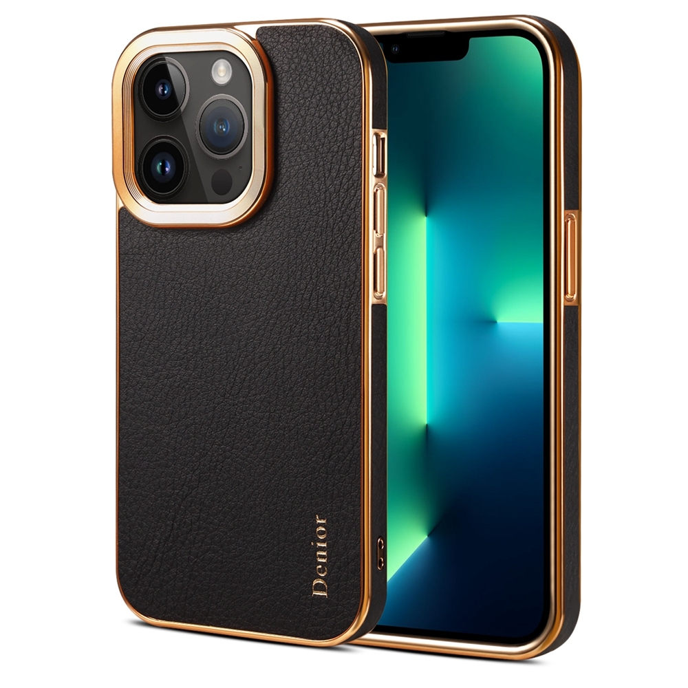 For iPhone 13 Pro Max Denior Cowhide Leather Plating Phone Case(Black) - Shopkiz.com