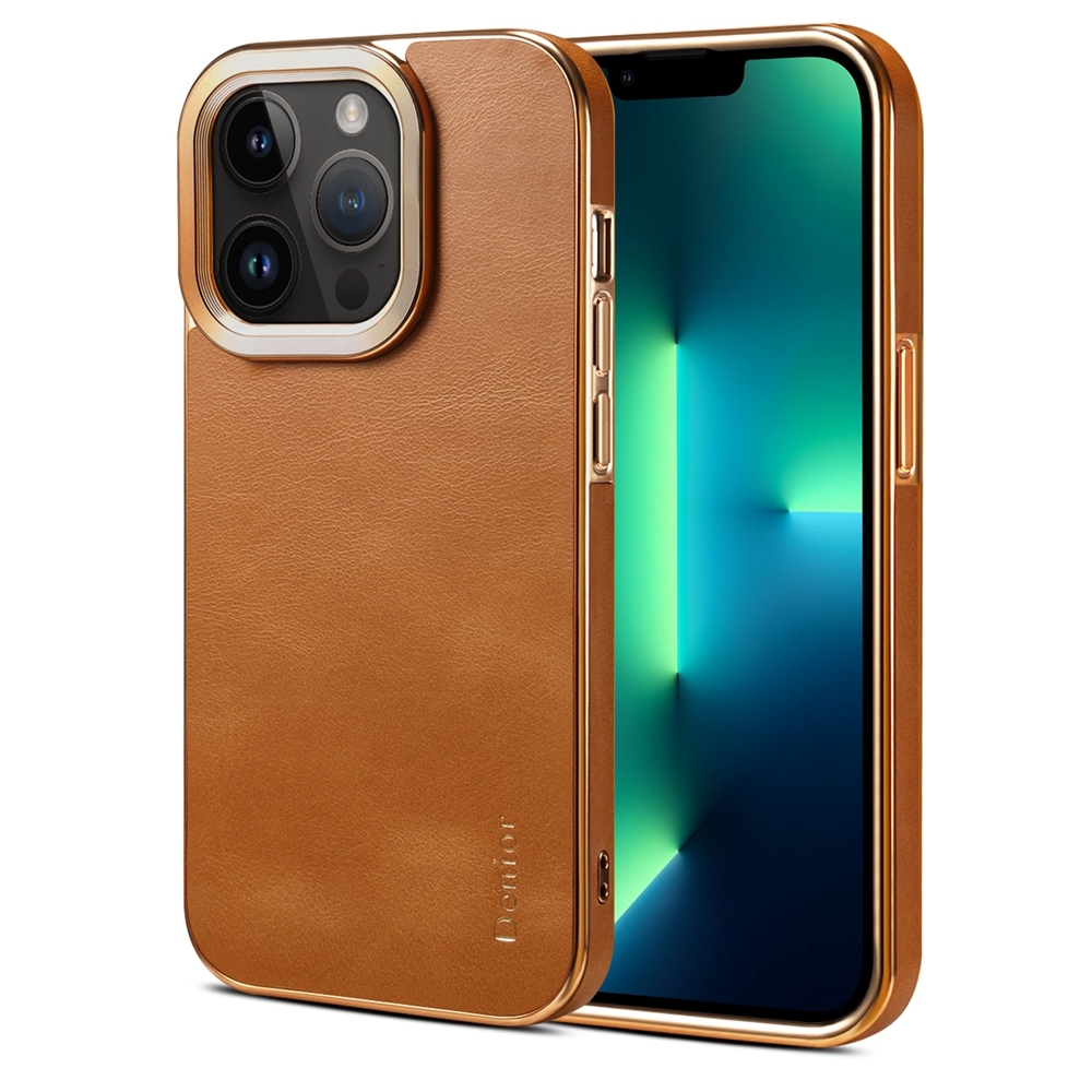 For iPhone 13 Pro Max Denior Cowhide Leather Plating Phone Case(Khaki) - Shopkiz.com