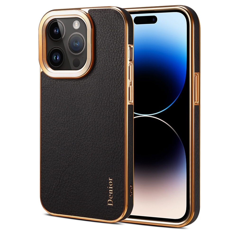 For iPhone 14 Pro Denior Cowhide Leather Plating Phone Case(Black) - Shopkiz.com