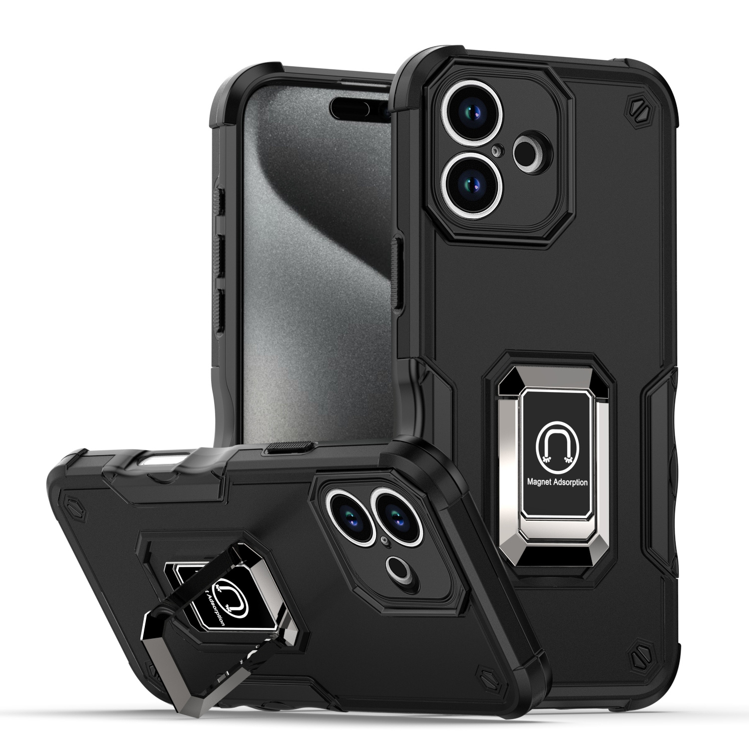 For iPhone 16 Plus Non-slip Shockproof Armor Phone Case with Ring Holder(Black) - Shopkiz.com