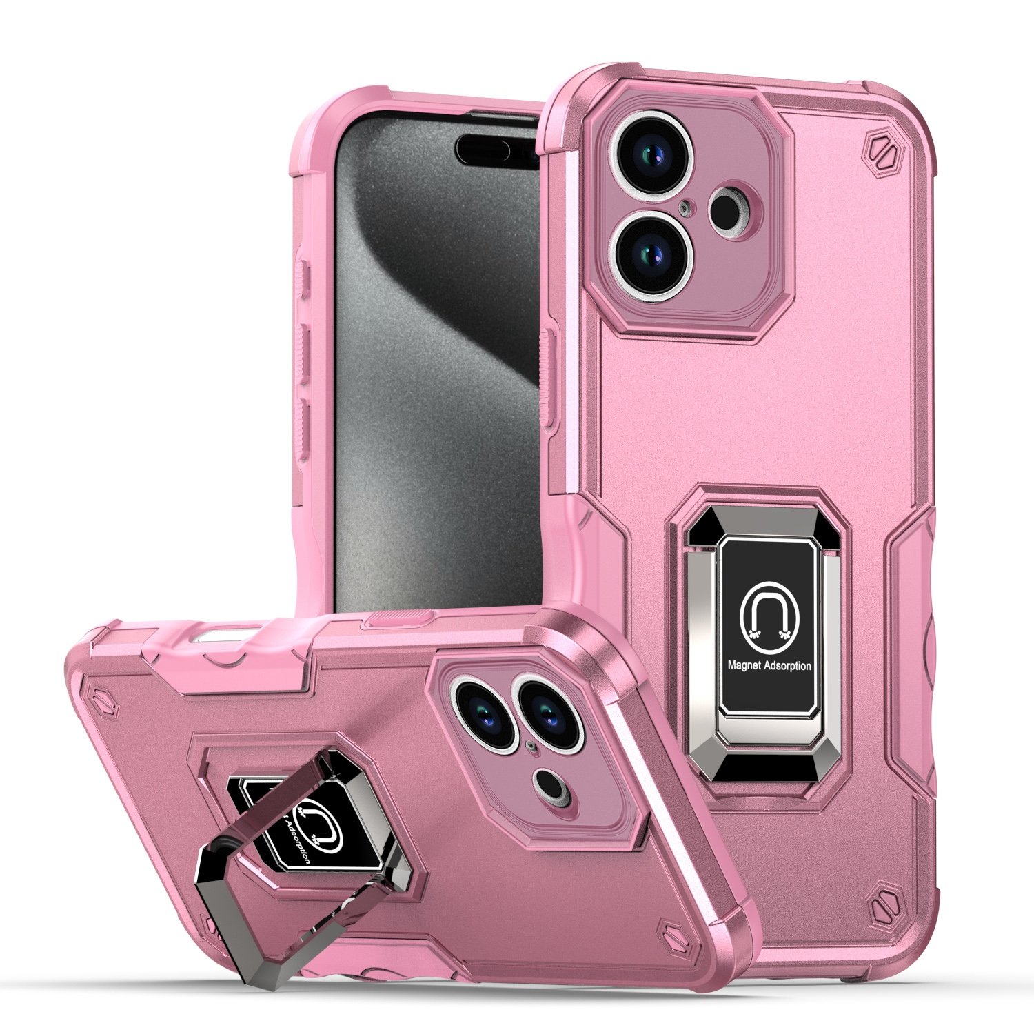 For iPhone 16 Plus Non-slip Shockproof Armor Phone Case with Ring Holder(Pink) - Shopkiz.com