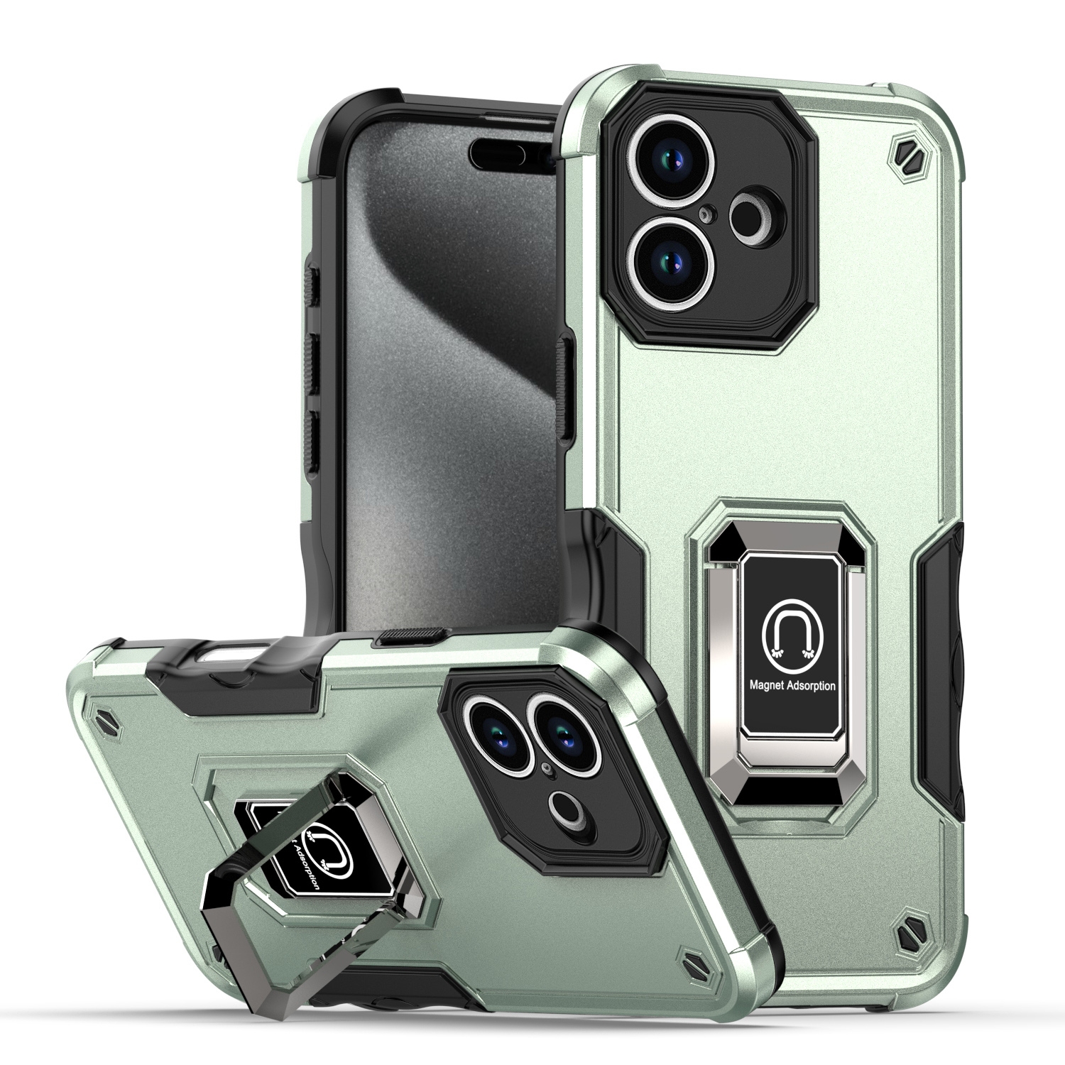 For iPhone 16 Non-slip Shockproof Armor Phone Case with Ring Holder(Green) - Shopkiz.com