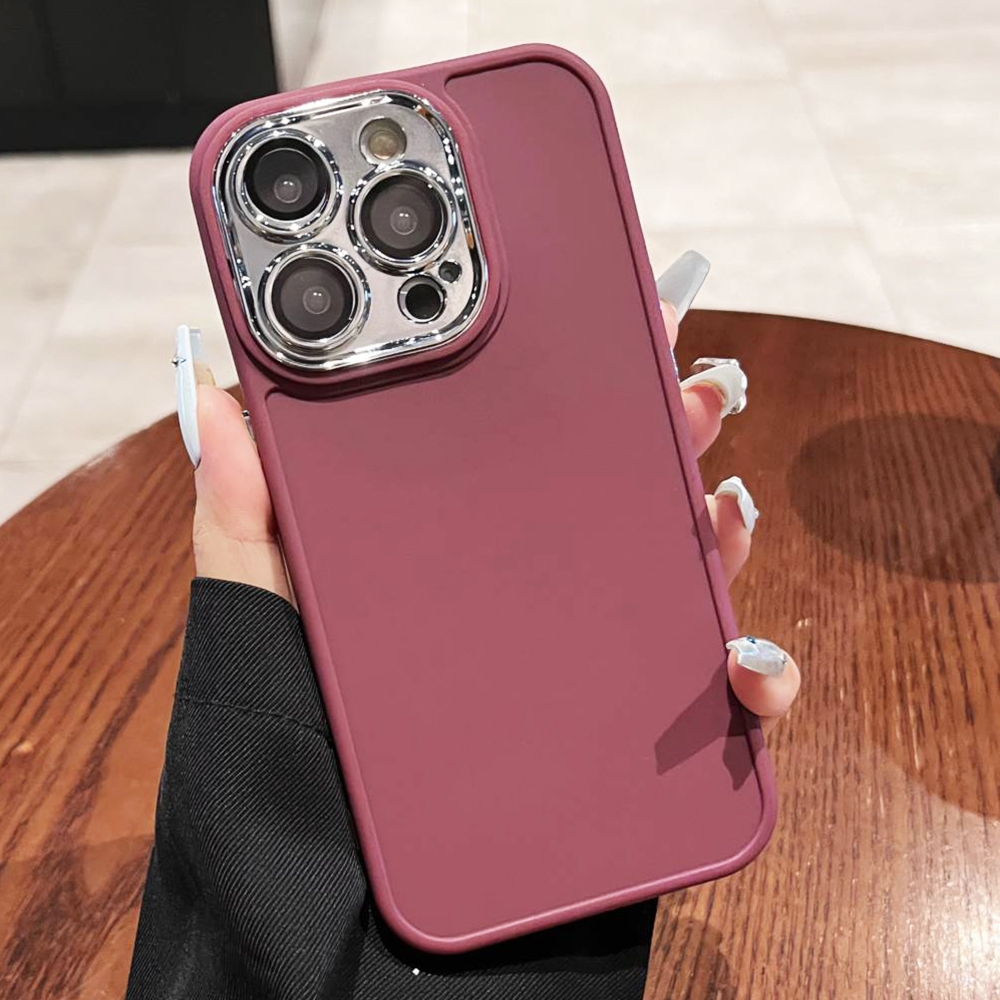 For iPhone 12 Pro Max Electroplated Lens Frame Phone Case with Lens Film(Wine Red) - Shopkiz.com