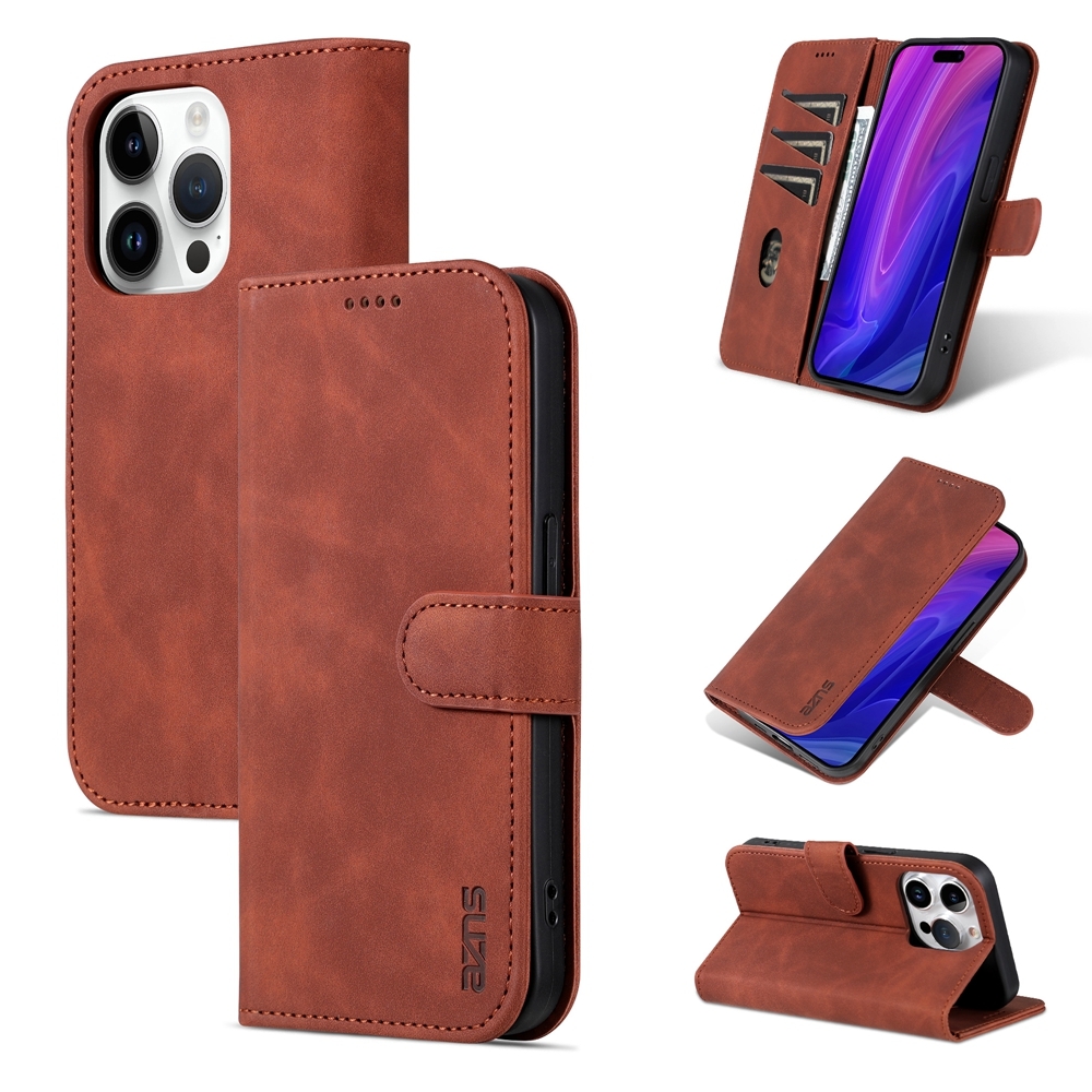 For iPhone 15 Pro AZNS Skin Feel Calf Texture Flip Leather Phone Case(Brown) - Shopkiz.com