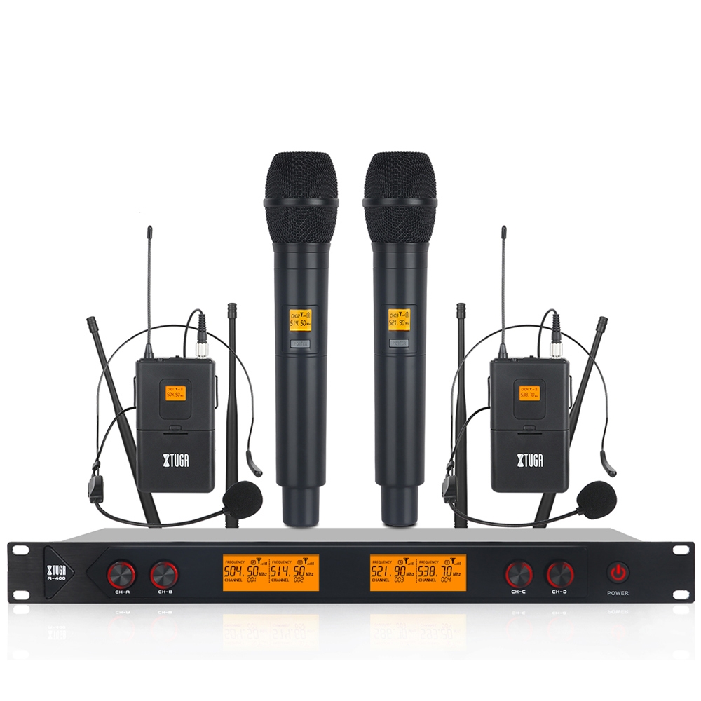 XTUGA A400-HB Professional 4-Channel UHF Wireless Microphone System with 2 Handheld & 2 Headset Microphone(AU Plug) - Shopkiz.com