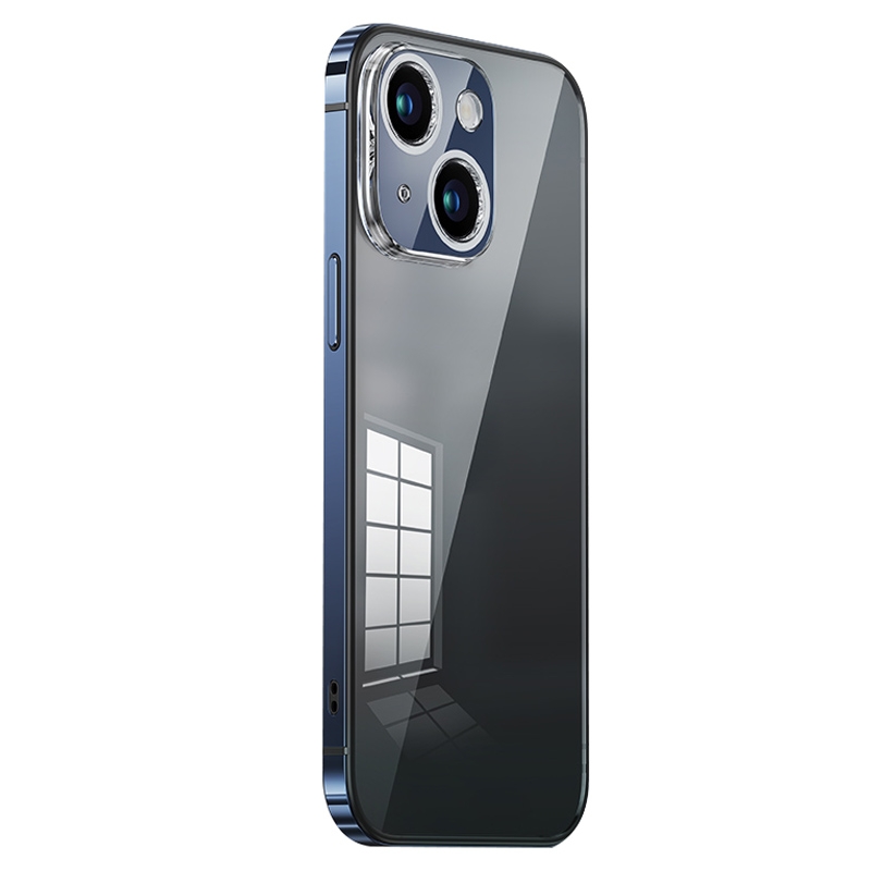 For iPhone 14 Stainless Steel Frame Transparent TPU Phone Case(Sierra Blue) - Shopkiz.com