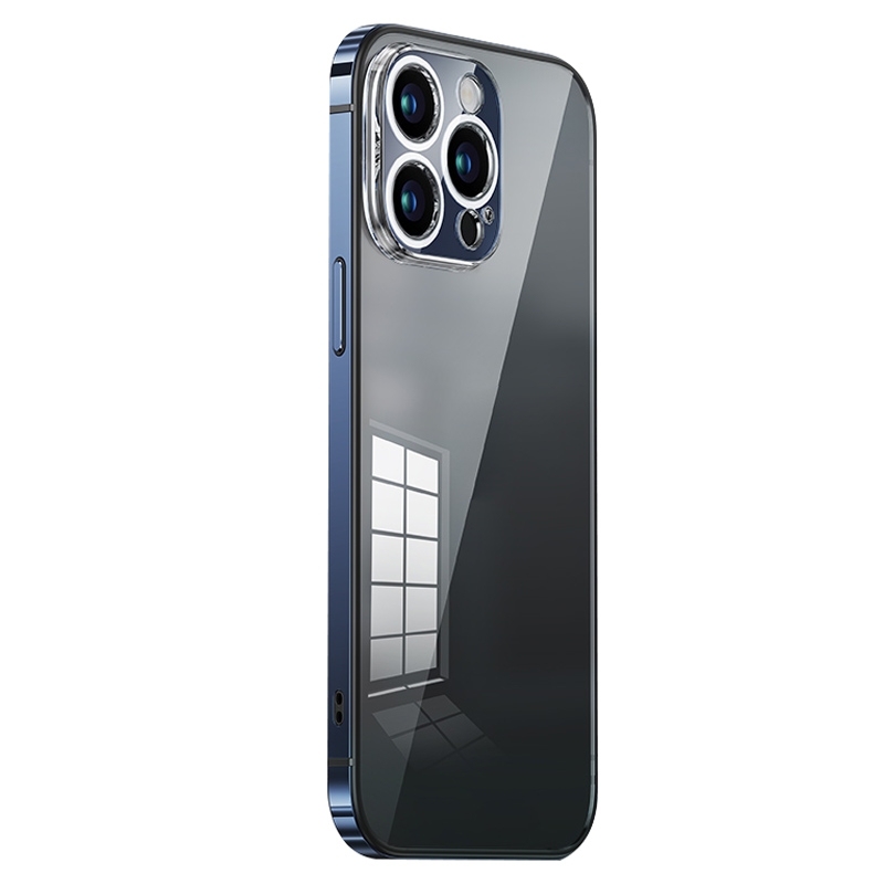 For iPhone 12 Pro Max Stainless Steel Frame Transparent TPU Phone Case(Sierra Blue) - Shopkiz.com