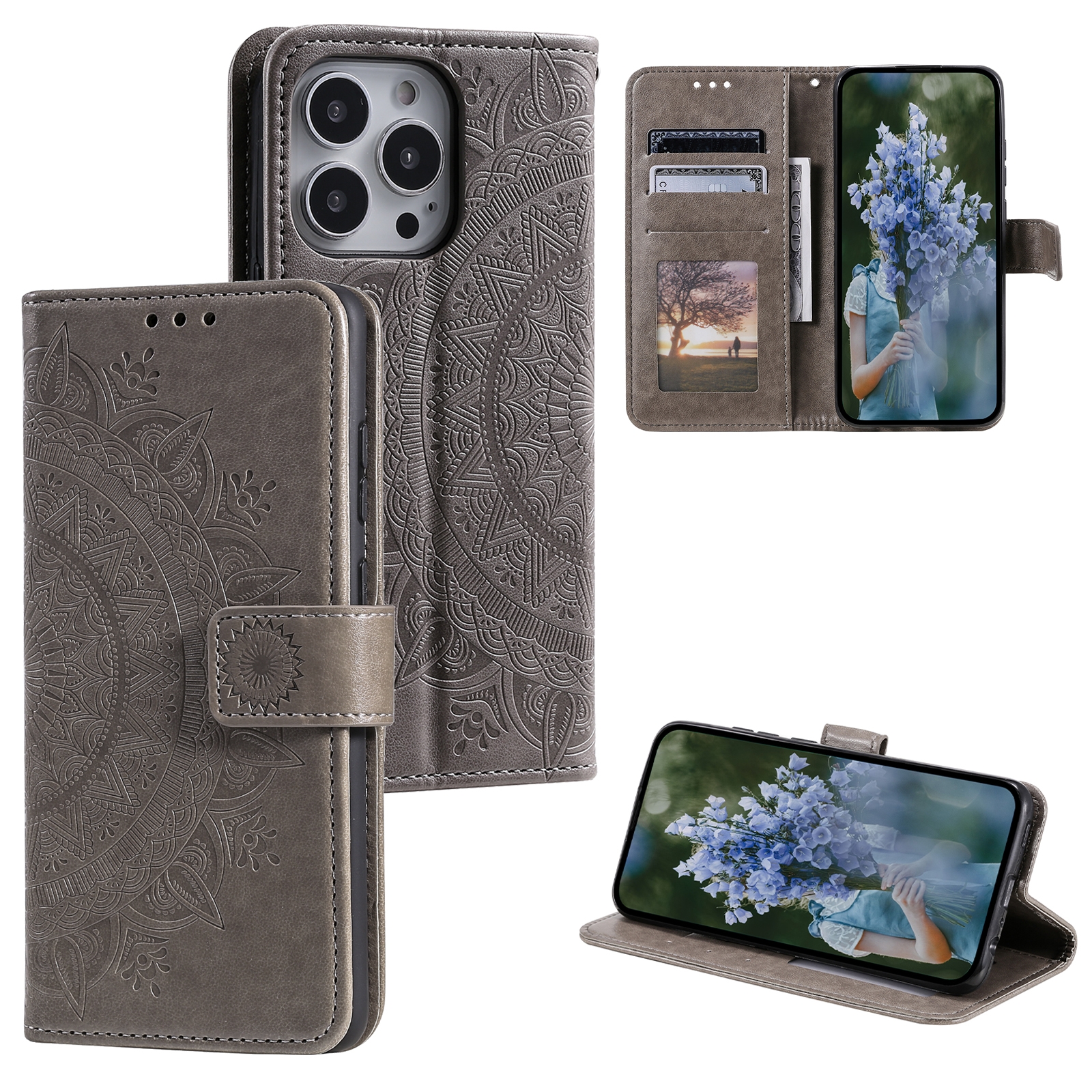 For iPhone 15 Pro Max Totem Flower Embossed Leather Phone Case(Grey) - Shopkiz.com