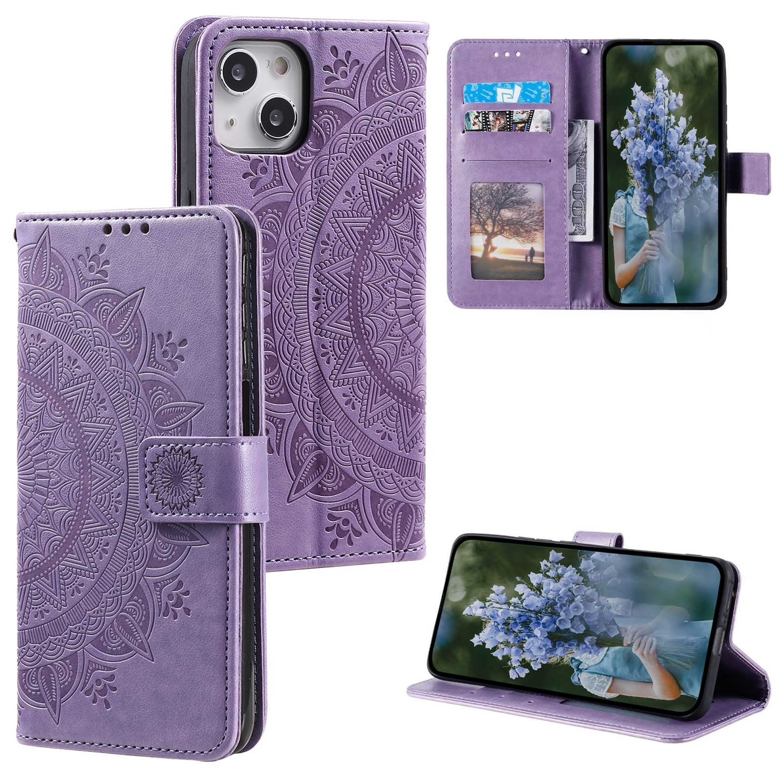 For iPhone 15 Totem Flower Embossed Leather Phone Case(Purple) - Shopkiz.com