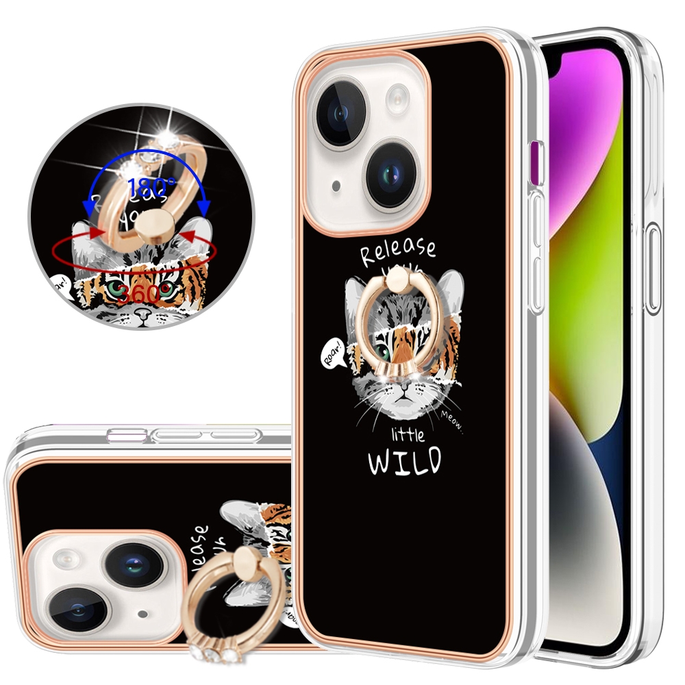For iPhone 14 Plus Electroplating Dual-side IMD Phone Case with Ring Holder(Natural Growth) - Shopkiz.com