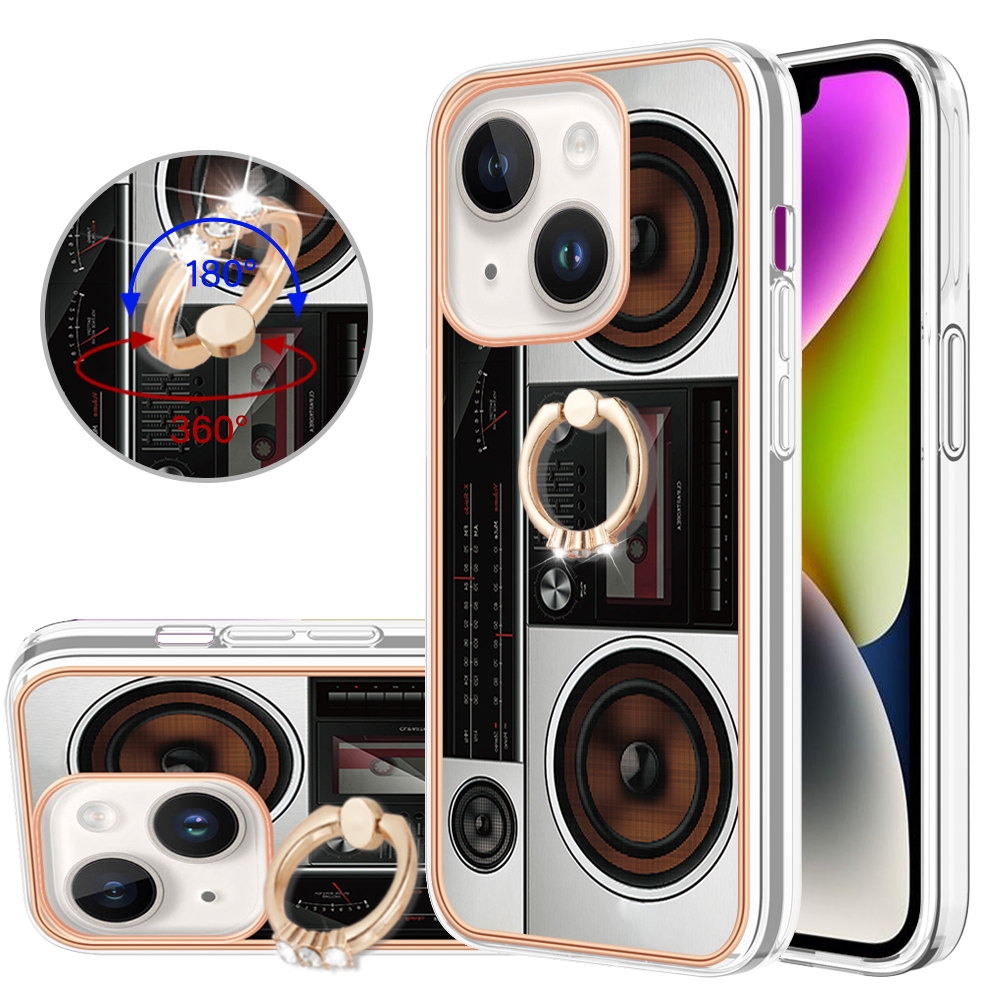 For iPhone 14 Electroplating Dual-side IMD Phone Case with Ring Holder(Retro Radio) - Shopkiz.com