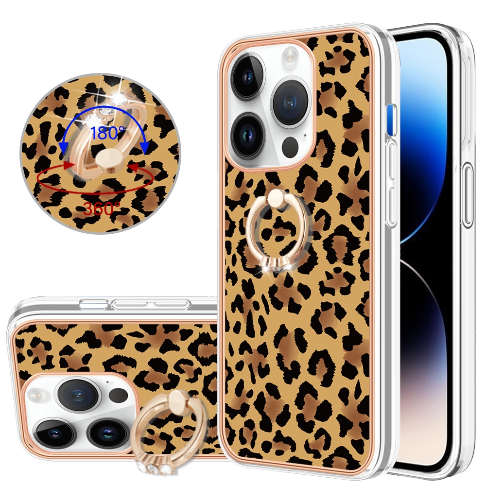 For iPhone 14 Pro Electroplating Dual-side IMD Phone Case with Ring Holder(Leopard Print) - Shopkiz.com