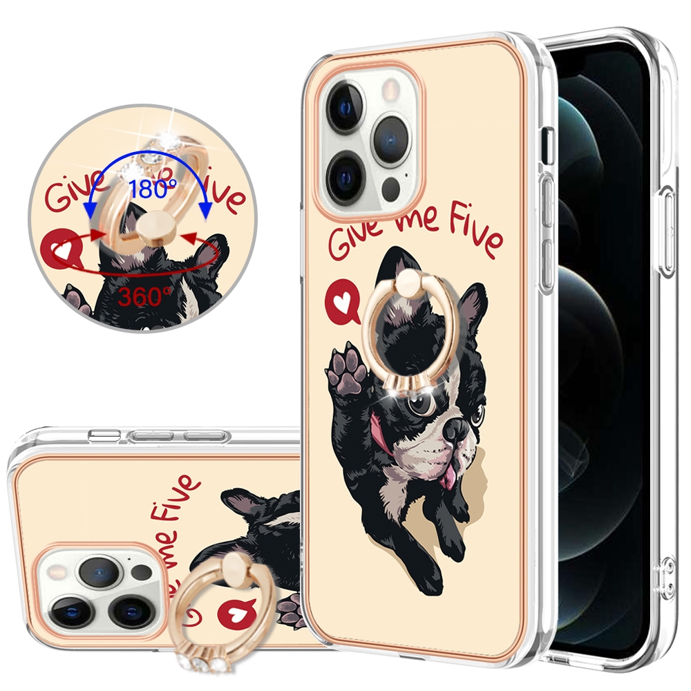 For iPhone 12 / 12 Pro Electroplating Dual-side IMD Phone Case with Ring Holder(Lucky Dog) - Shopkiz.com
