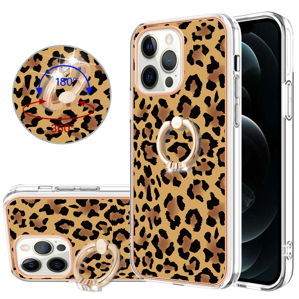 For iPhone 12 Pro Max Electroplating Dual-side IMD Phone Case with Ring Holder(Leopard Print) - Shopkiz.com