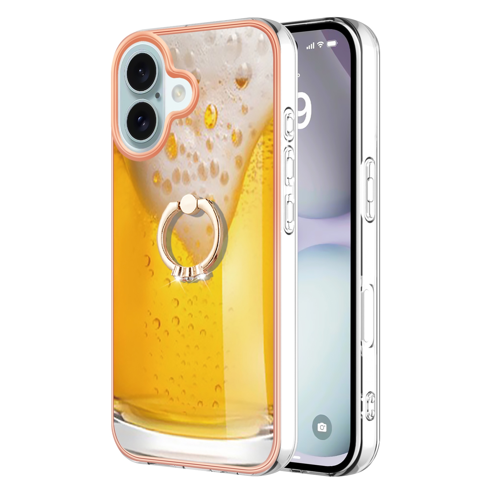 For iPhone 16 Plus Electroplating Dual-side IMD Phone Case with Ring Holder(Draft Beer) - Shopkiz.com