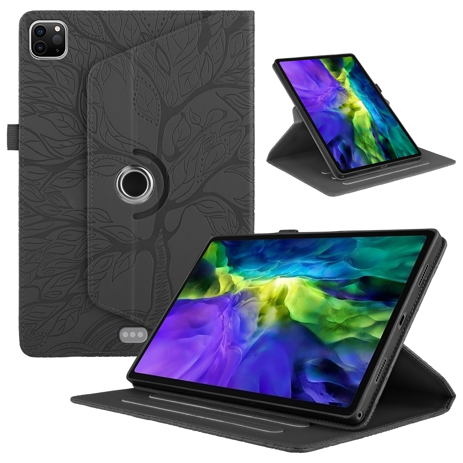 For iPad Pro 11 2022 / 2021 / 2020 Tree Life Embossed Rotation Leather Smart Tablet Case(Black) - Shopkiz.com