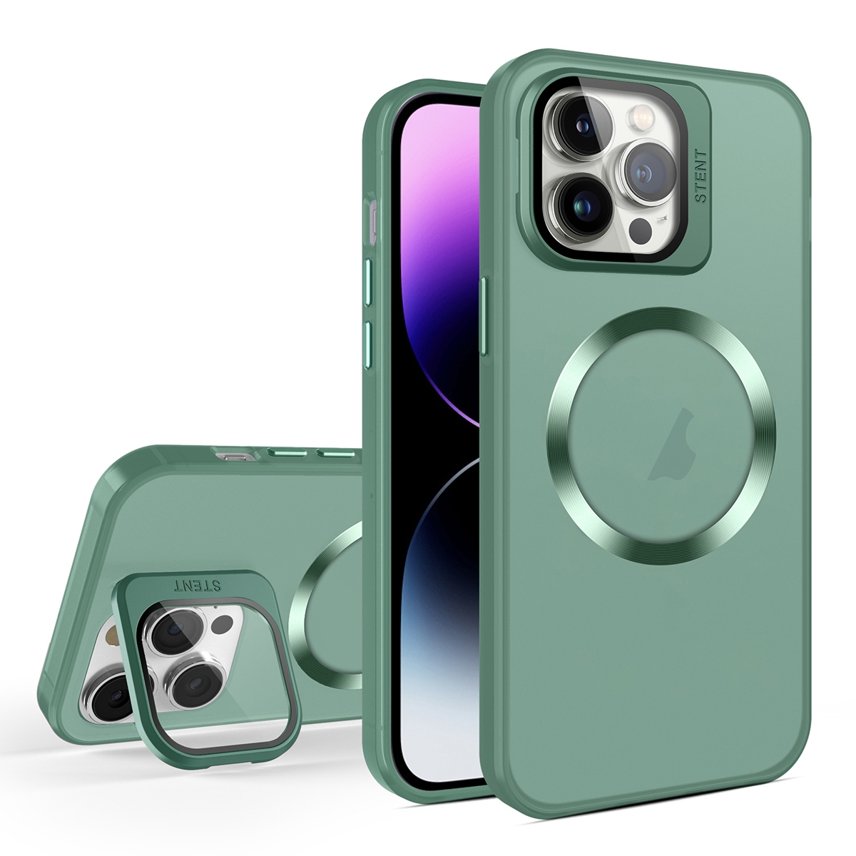 For iPhone 15 Pro Max Skin Feel CD Texture MagSafe Lens Holder Phone Case(Green) - Shopkiz.com
