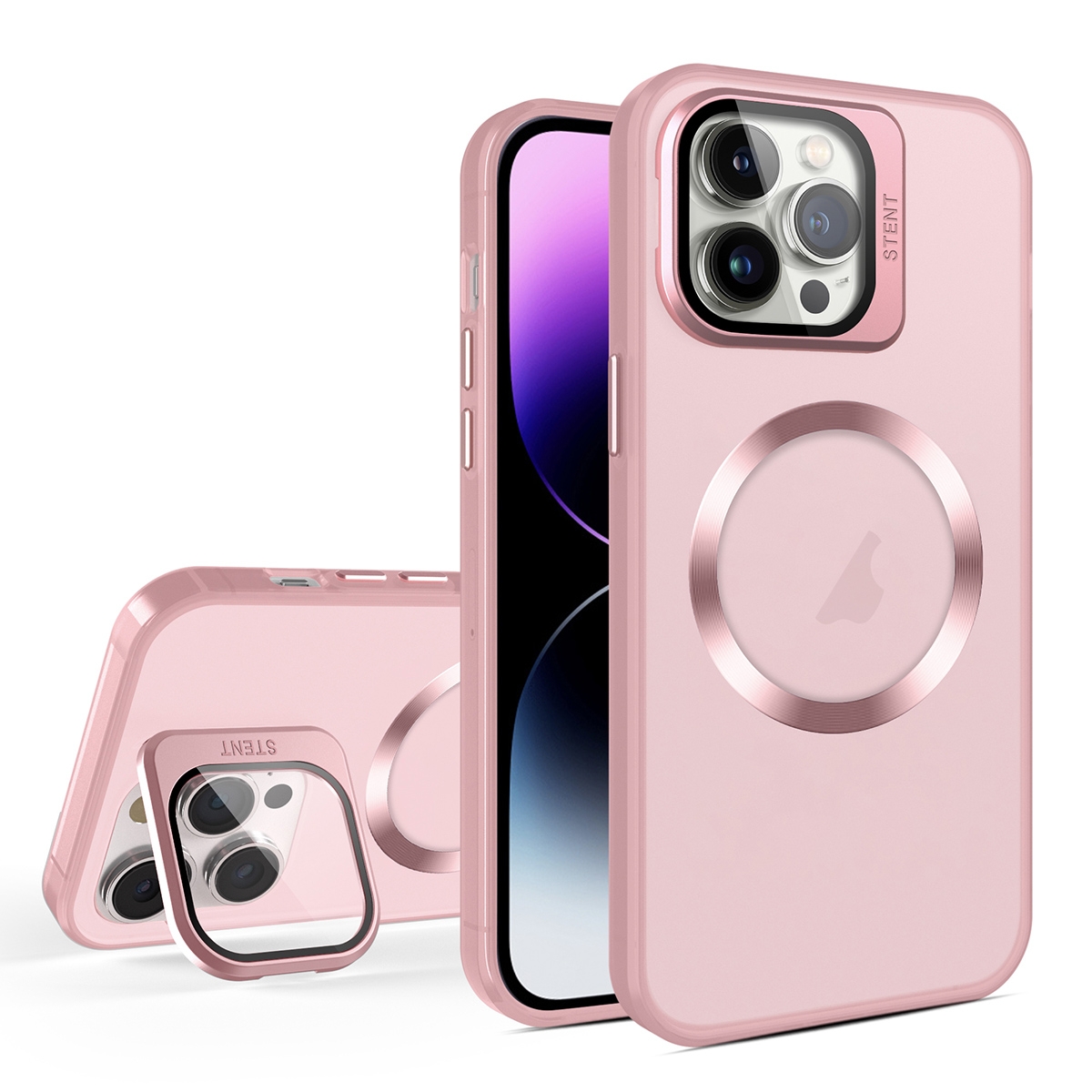 For iPhone 15 Pro Skin Feel CD Texture MagSafe Lens Holder Phone Case(Pink) - Shopkiz.com