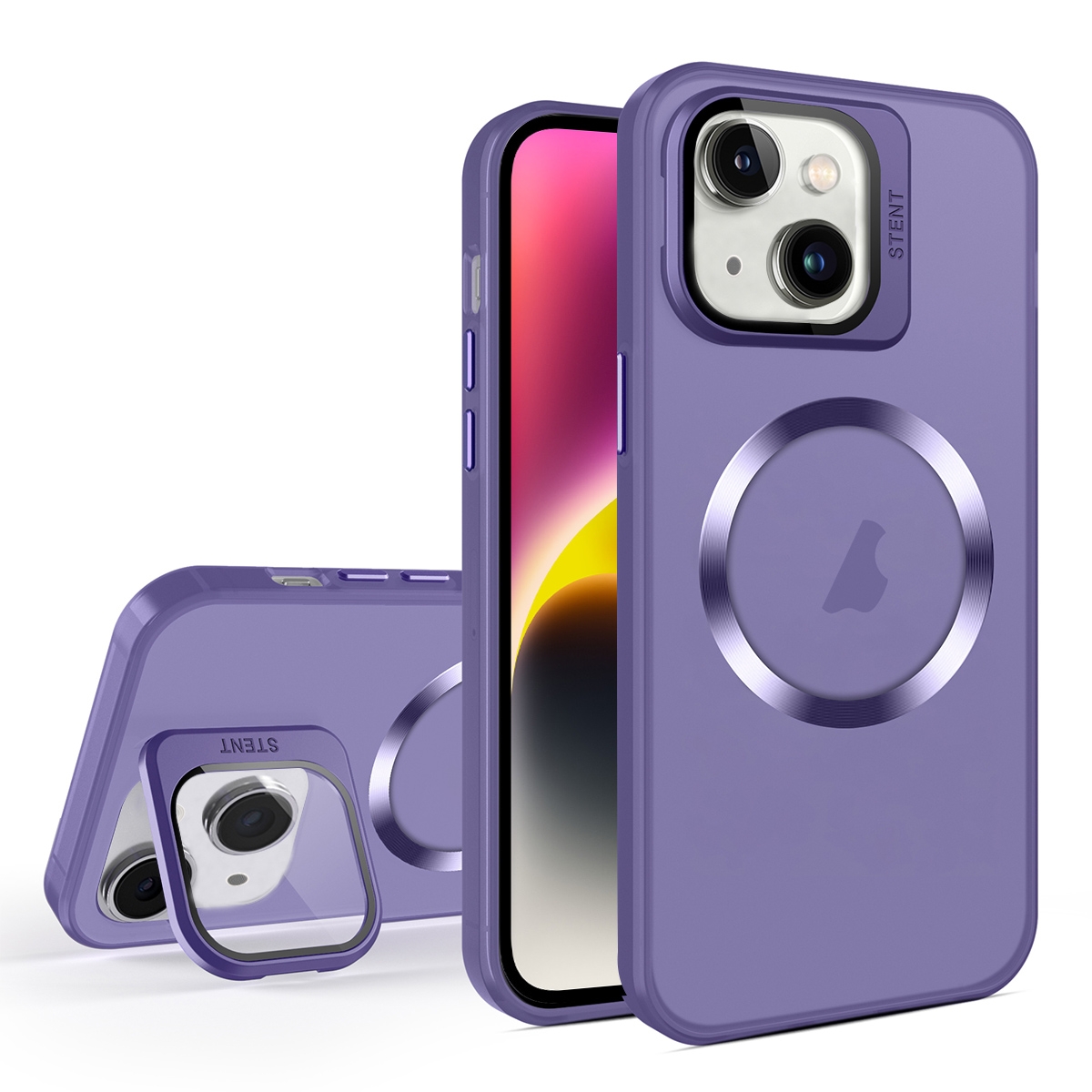 For iPhone 14 Skin Feel CD Texture MagSafe Lens Holder Phone Case(Dark Purple) - Shopkiz.com