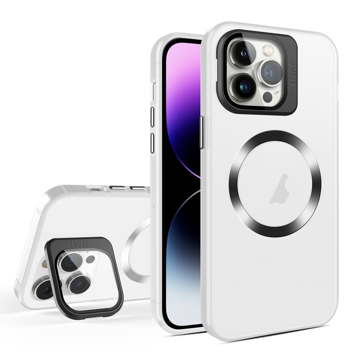 For iPhone 14 Pro Skin Feel CD Texture MagSafe Lens Holder Phone Case(Matte White) - Shopkiz.com