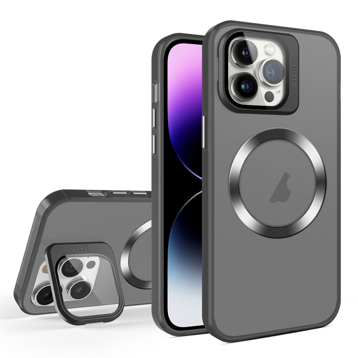 For iPhone 14 Pro Skin Feel CD Texture MagSafe Lens Holder Phone Case(Black) - Shopkiz.com