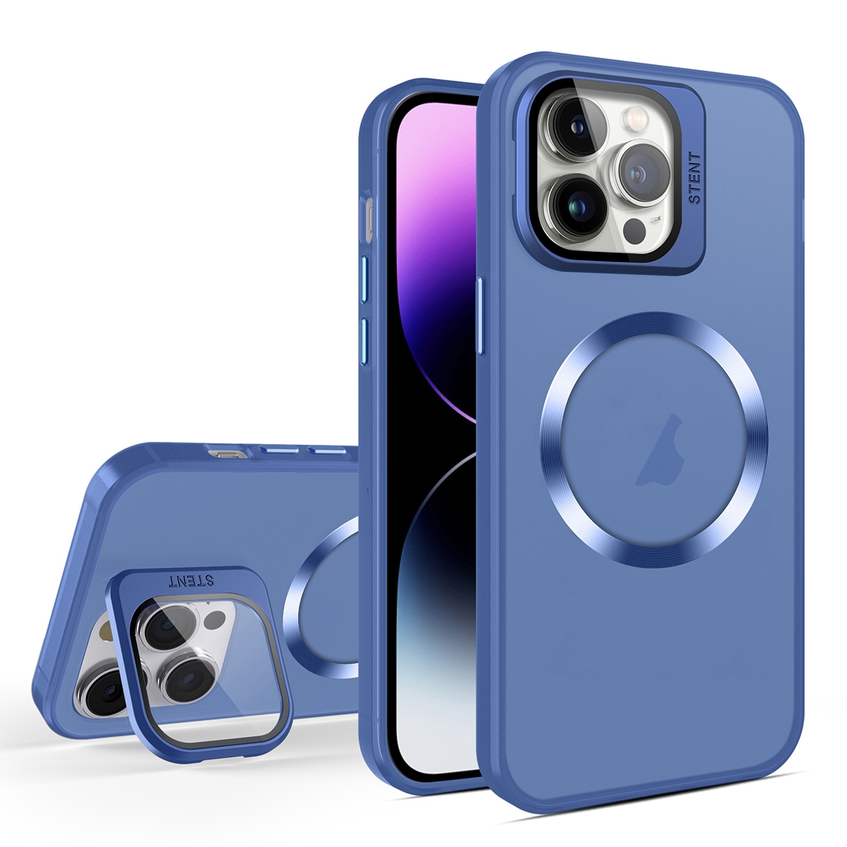 For iPhone 14 Pro Max Skin Feel CD Texture MagSafe Lens Holder Phone Case(Royal Blue) - Shopkiz.com