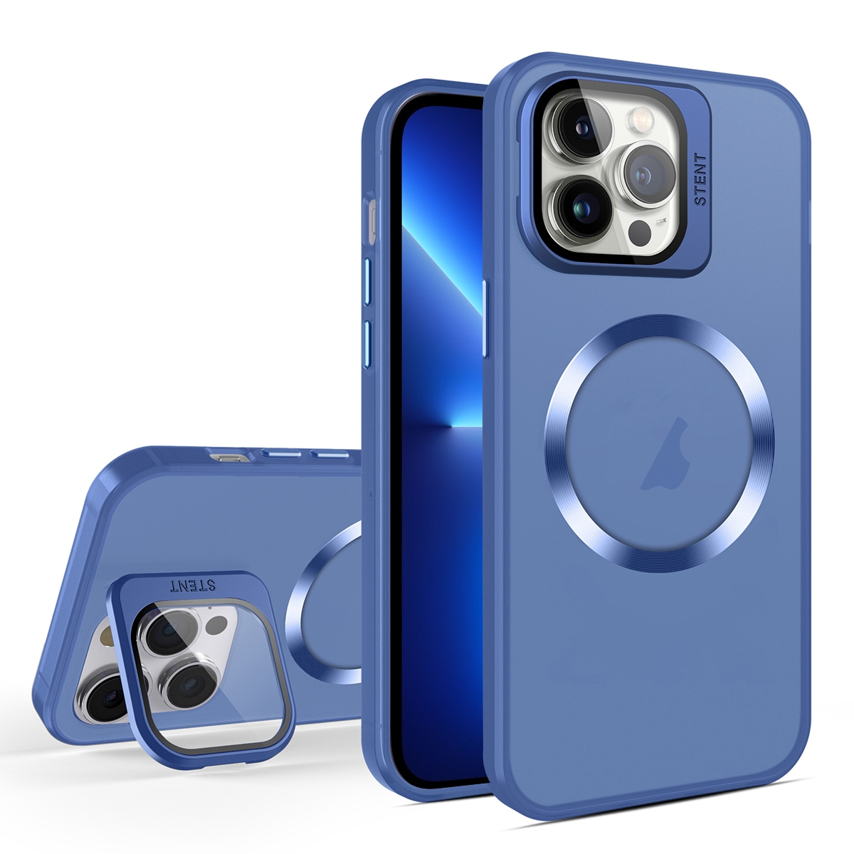 For iPhone 13 Pro Max Skin Feel CD Texture MagSafe Lens Holder Phone Case(Royal Blue) - Shopkiz.com