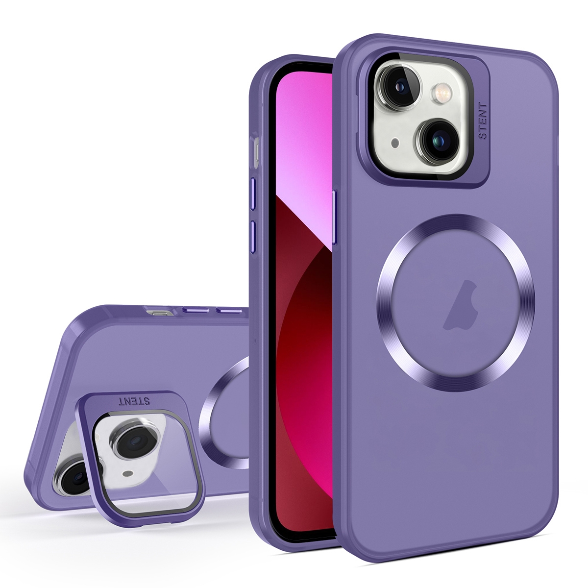 For iPhone 13 Skin Feel CD Texture MagSafe Lens Holder Phone Case(Dark Purple) - Shopkiz.com