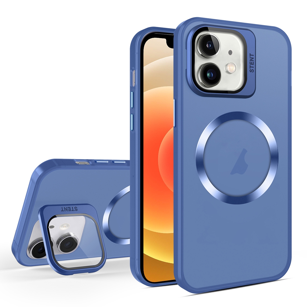 For iPhone 12 Skin Feel CD Texture MagSafe Lens Holder Phone Case(Royal Blue) - Shopkiz.com