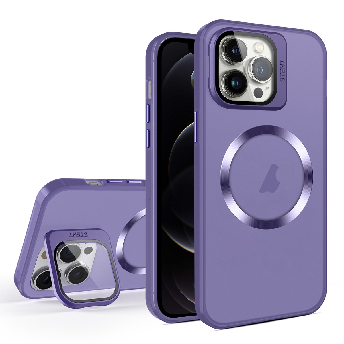 For iPhone 12 Pro Max Skin Feel CD Texture MagSafe Lens Holder Phone Case(Dark Purple) - Shopkiz.com