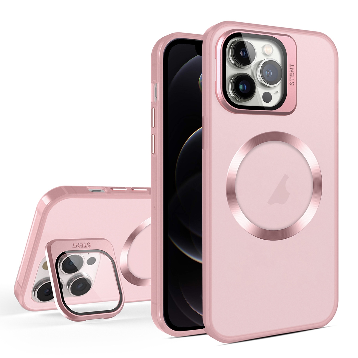 For iPhone 12 Pro Max Skin Feel CD Texture MagSafe Lens Holder Phone Case(Pink) - Shopkiz.com