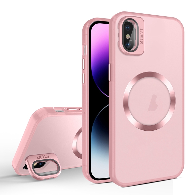 For iPhone XS Max Skin Feel CD Texture MagSafe Lens Holder Phone Case(Pink) - Shopkiz.com