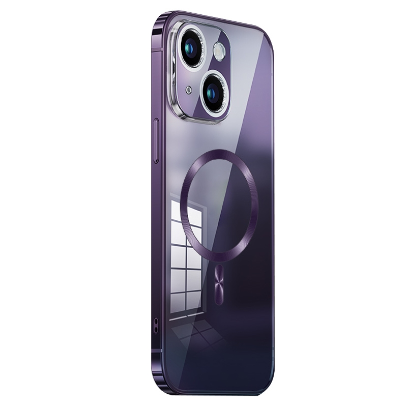 For iPhone 14 MagSafe Magnetic Stainless Steel Frame Transparent TPU Phone Case(Dark Purple) - Shopkiz.com