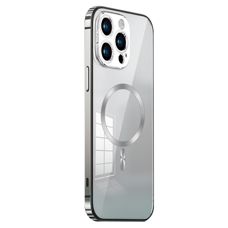 For iPhone 13 Pro Max MagSafe Magnetic Stainless Steel Frame Transparent TPU Phone Case(Silver) - Shopkiz.com