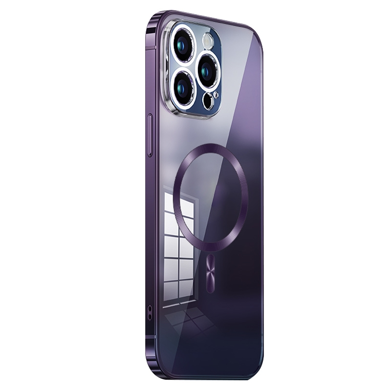 For iPhone 13 Pro Max MagSafe Magnetic Stainless Steel Frame Transparent TPU Phone Case(Dark Purple) - Shopkiz.com