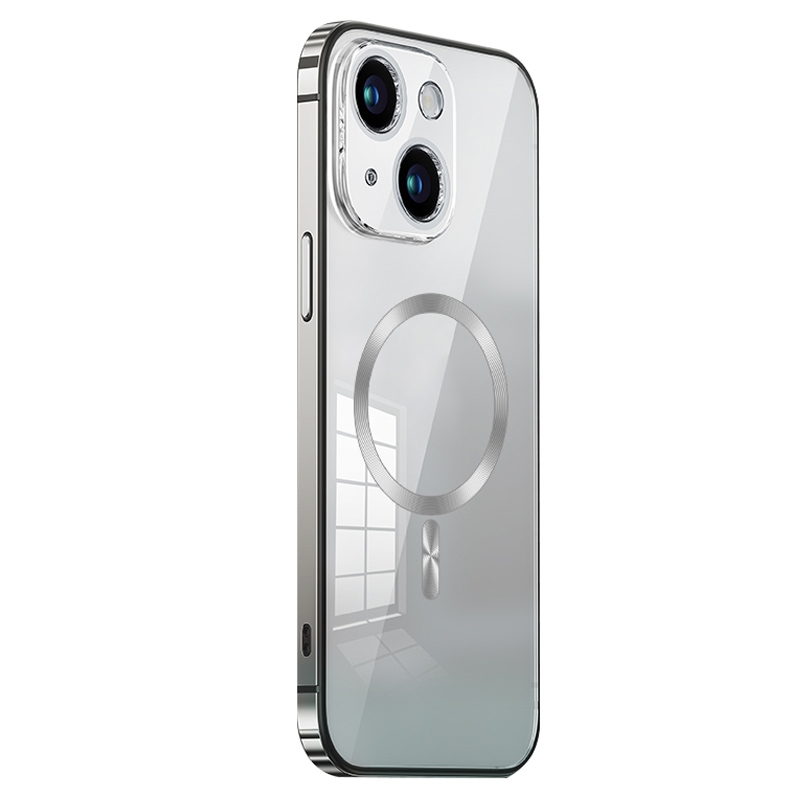 For iPhone 13 MagSafe Magnetic Stainless Steel Frame Transparent TPU Phone Case(Silver) - Shopkiz.com