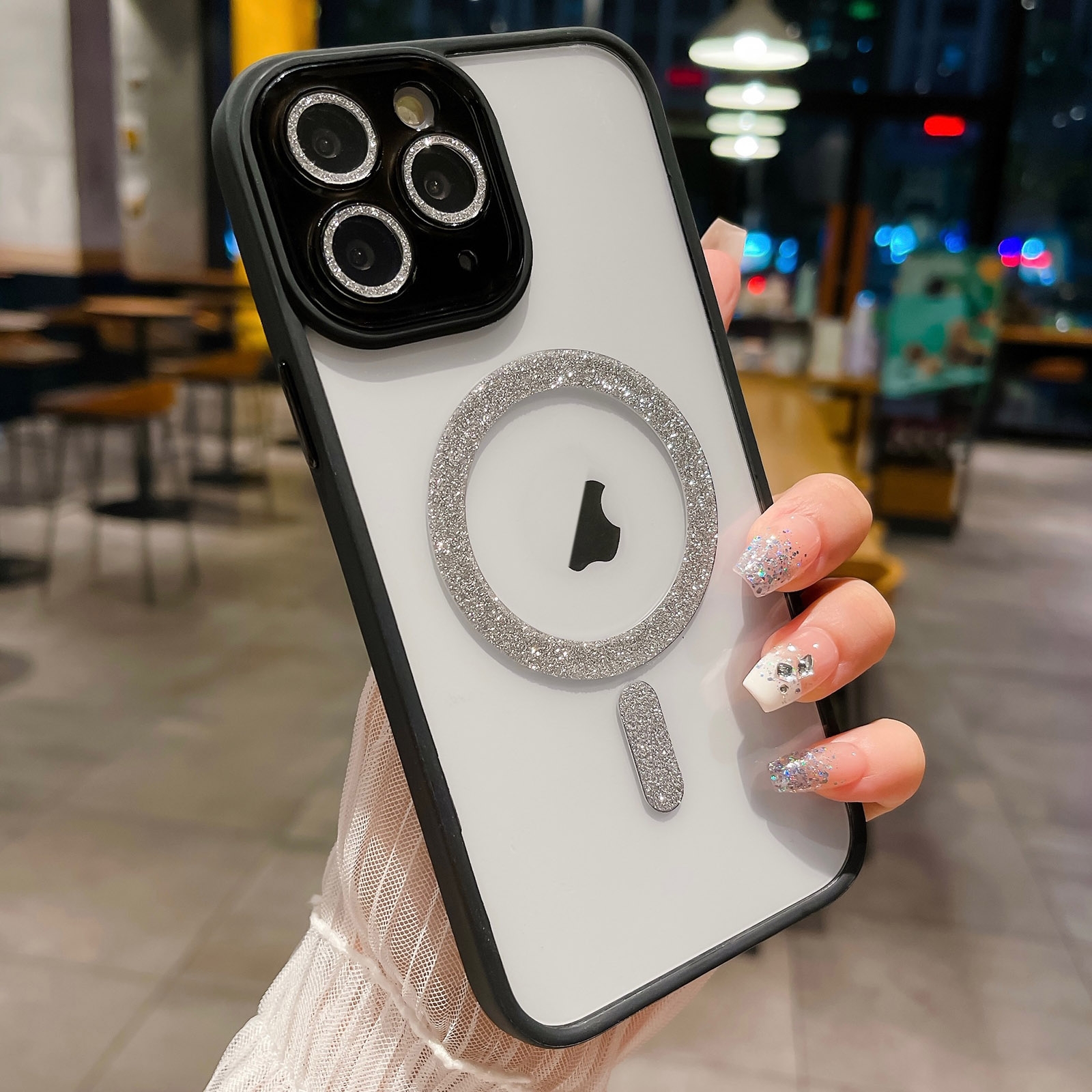 For iPhone 11 Pro Max MagSafe Gradient Color Glitter TPU + Acrylic Phone Case with Lens Film(Black) - Shopkiz.com