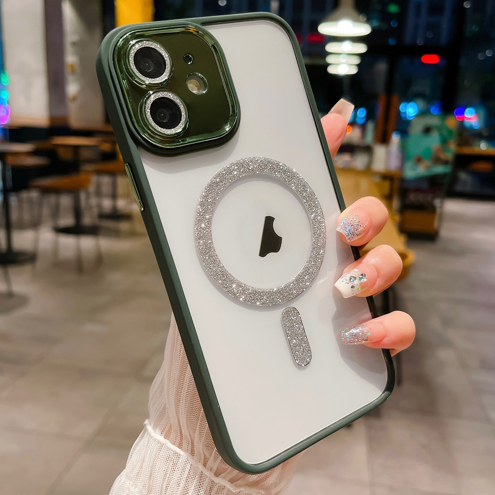 For iPhone 12 MagSafe Gradient Color Glitter TPU + Acrylic Phone Case with Lens Film(Green) - Shopkiz.com