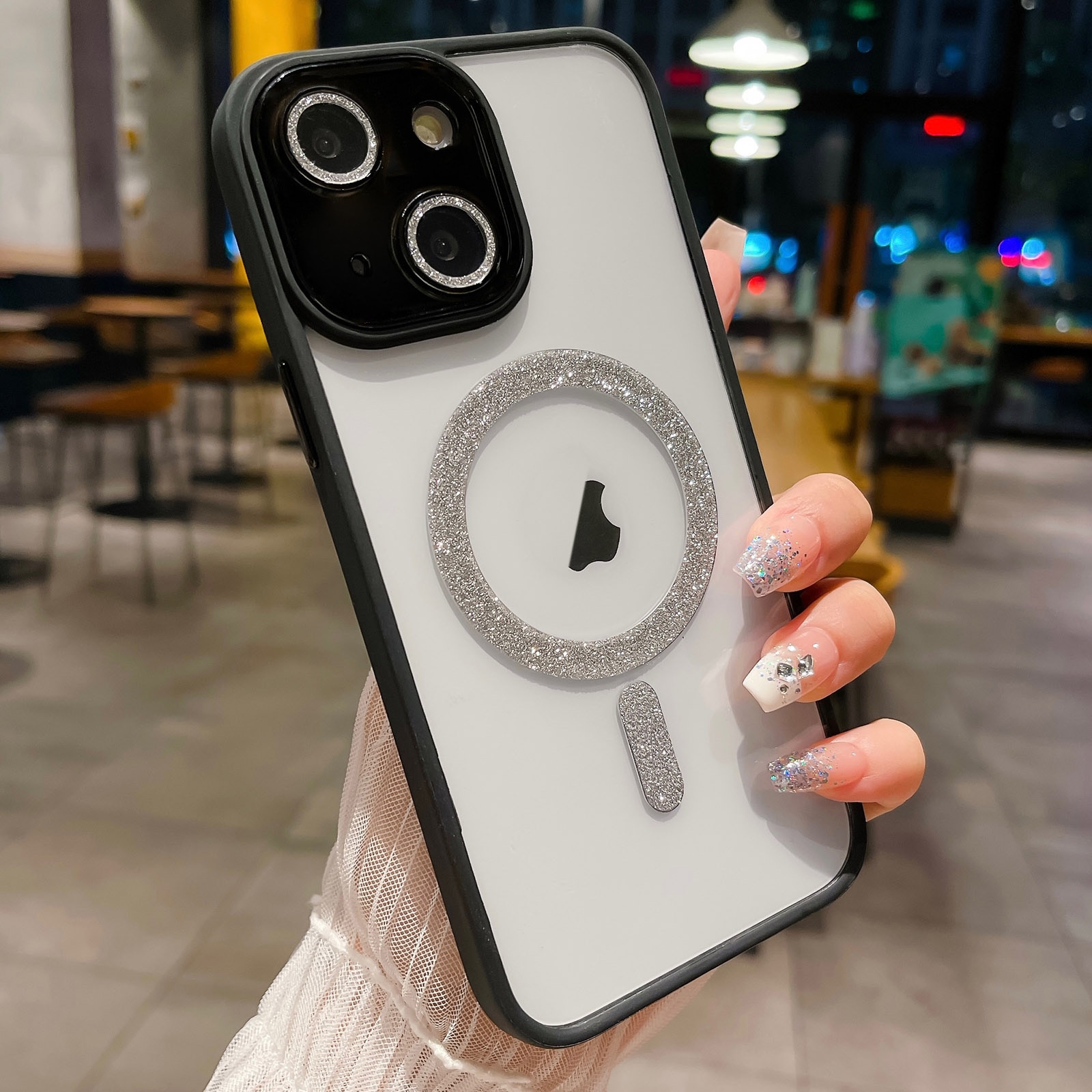 For iPhone 13 MagSafe Gradient Color Glitter TPU + Acrylic Phone Case with Lens Film(Black) - Shopkiz.com