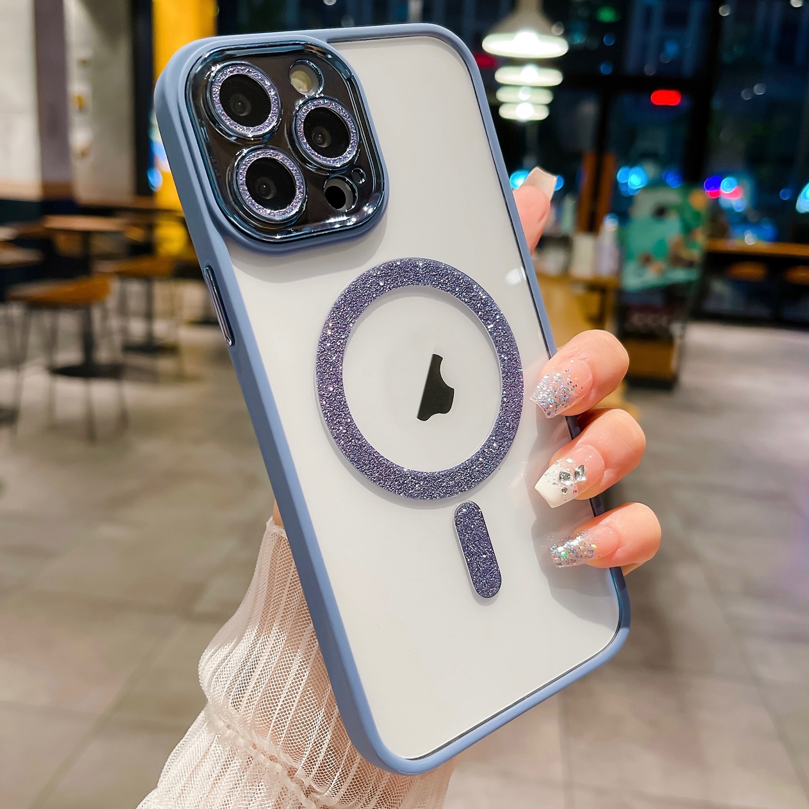 For iPhone 13 Pro MagSafe Gradient Color Glitter TPU + Acrylic Phone Case with Lens Film(Blue) - Shopkiz.com