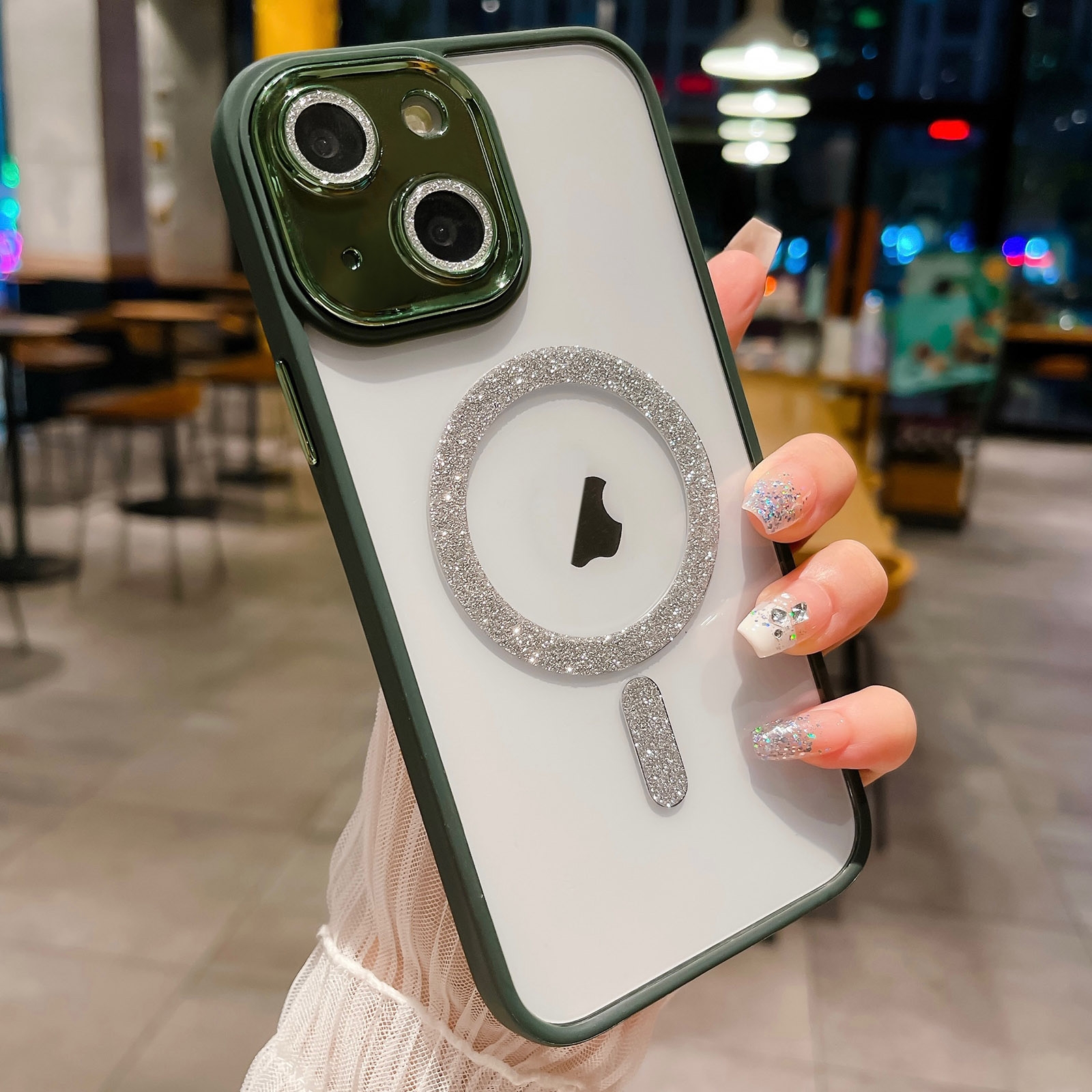 For iPhone 14 Plus MagSafe Gradient Color Glitter TPU + Acrylic Phone Case with Lens Film(Green) - Shopkiz.com
