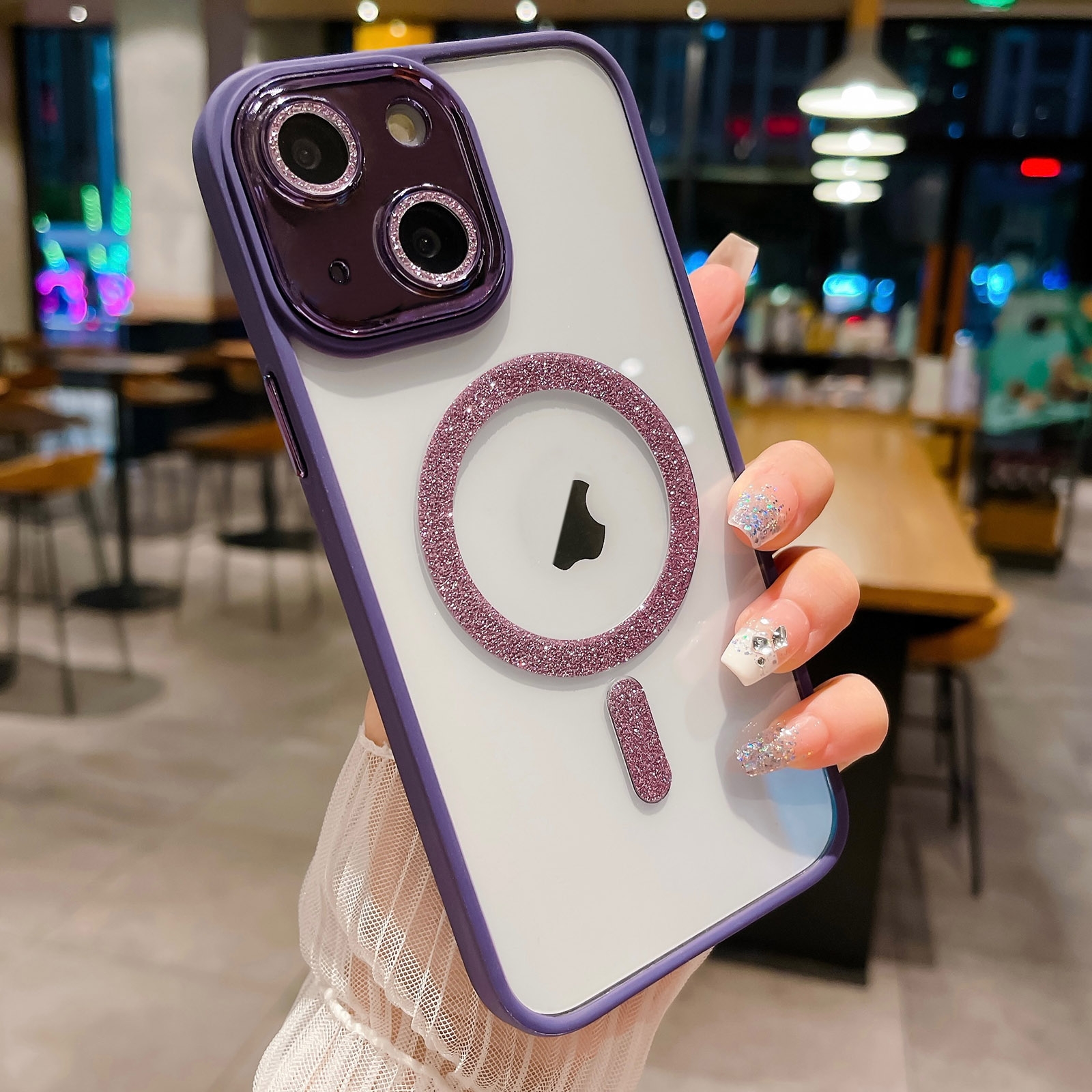 For iPhone 15 Plus MagSafe Gradient Color Glitter TPU + Acrylic Phone Case with Lens Film(Purple) - Shopkiz.com