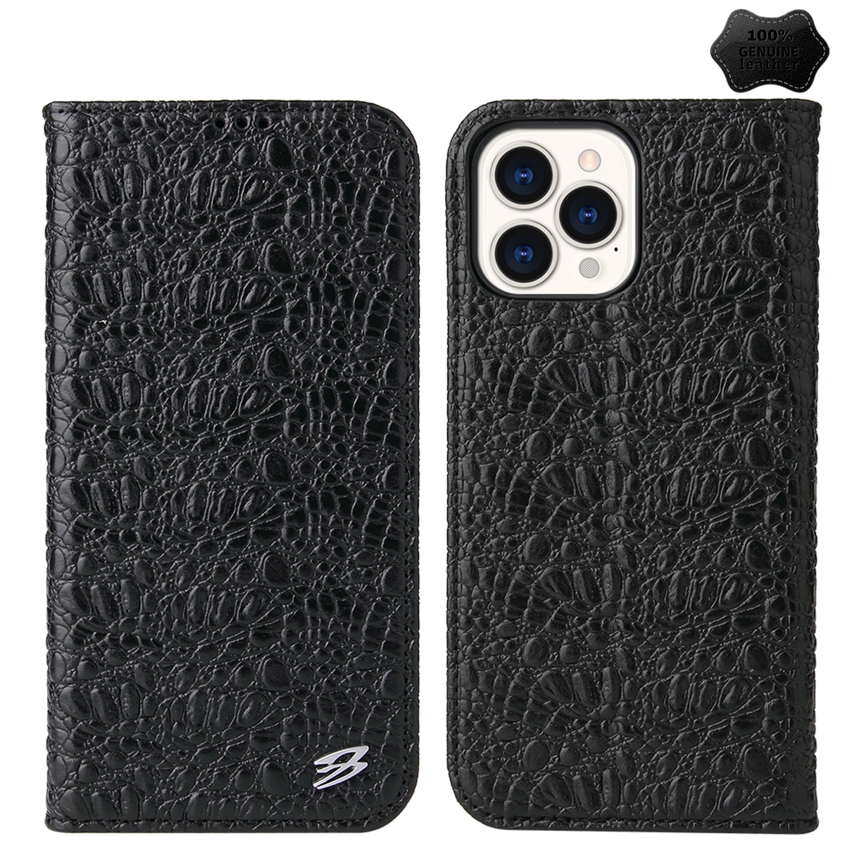 For iPhone 15 Pro Fierre Shann Crocodile Texture Magnetic Genuine Leather Phone Case(Black) - Shopkiz.com