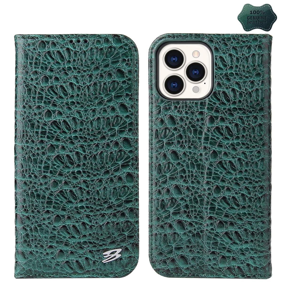 For iPhone 15 Pro Fierre Shann Crocodile Texture Magnetic Genuine Leather Phone Case(Green) - Shopkiz.com