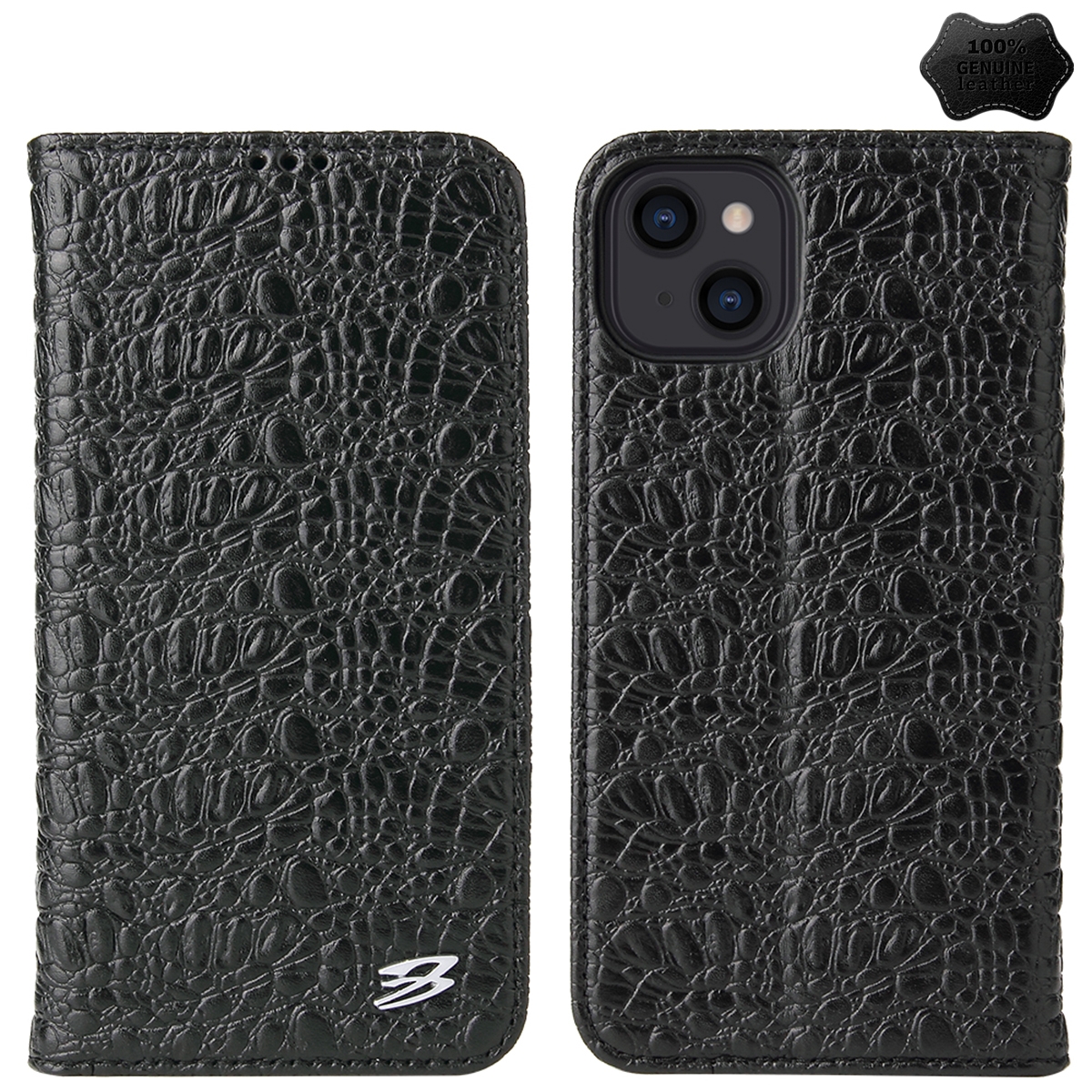 For iPhone 14 Plus Fierre Shann Crocodile Texture Magnetic Genuine Leather Phone Case(Black) - Shopkiz.com