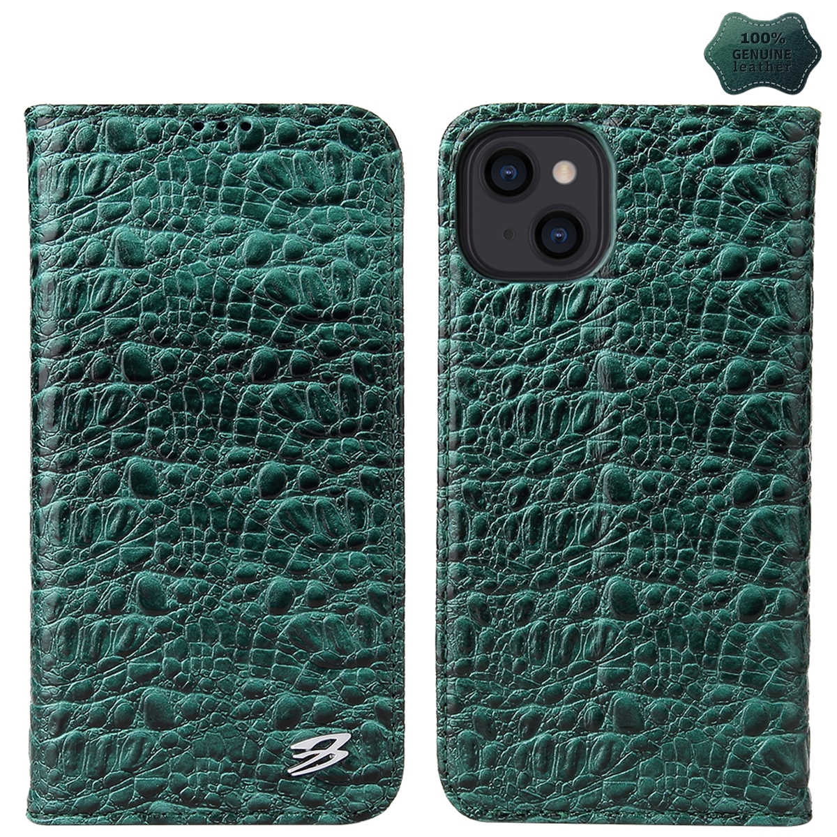 For iPhone 14 Plus Fierre Shann Crocodile Texture Magnetic Genuine Leather Phone Case(Green) - Shopkiz.com