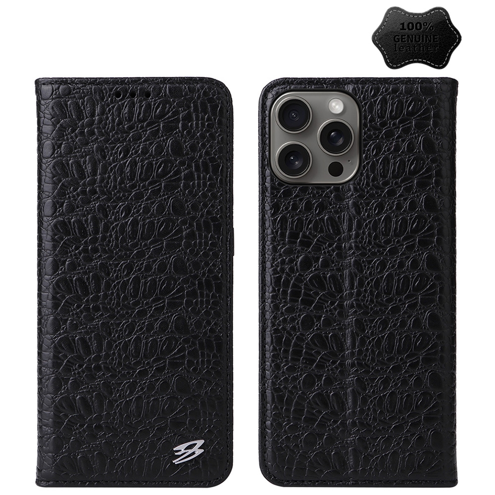 For iPhone 16 Pro Max Fierre Shann Crocodile Texture Magnetic Genuine Leather Phone Case(Black) - Shopkiz.com